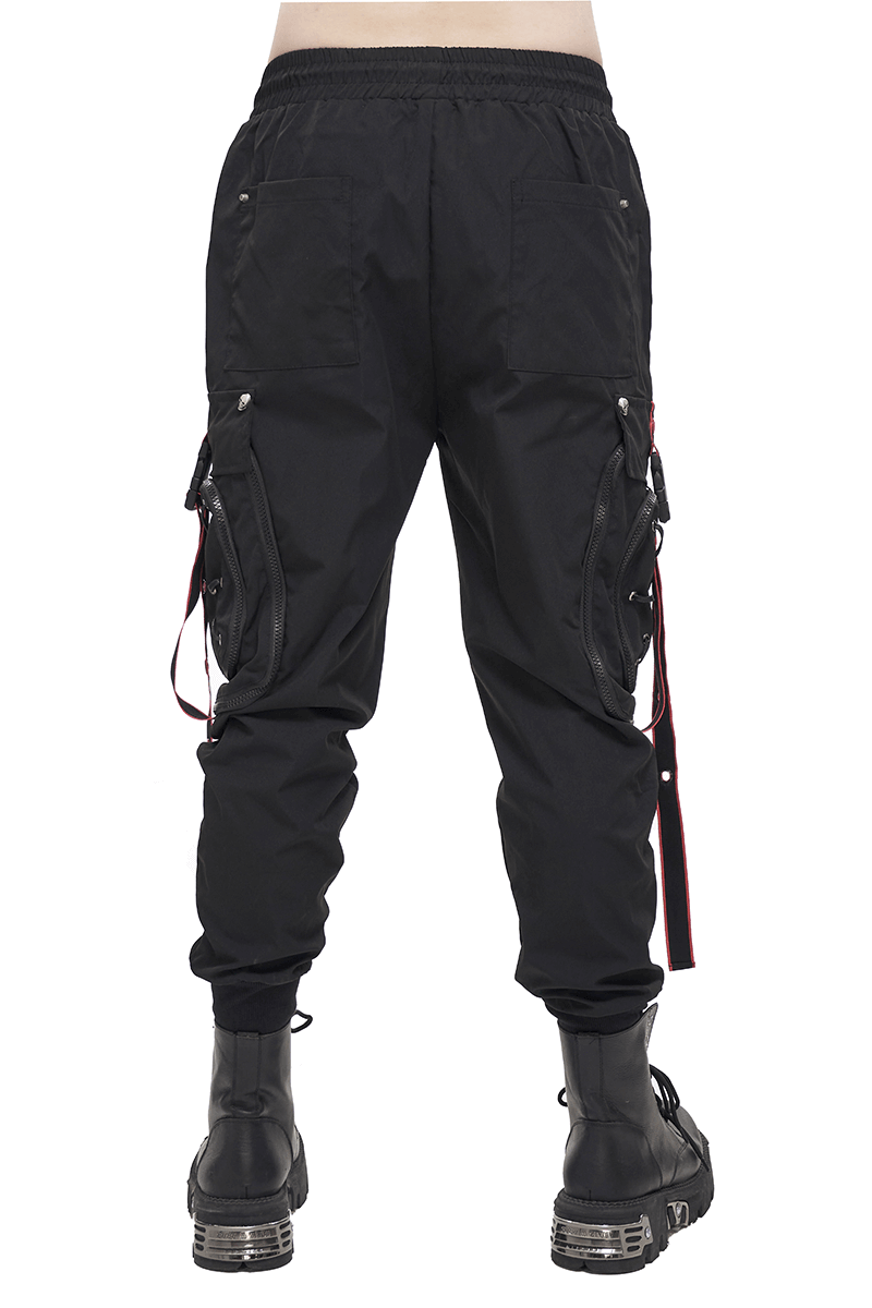 Men's black punk cargo trousers with red accents, showcasing a stylish loose fit and practical side pockets.