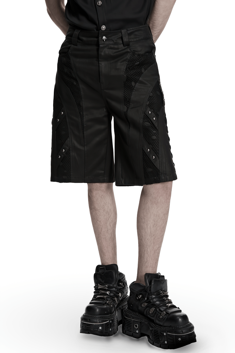 Men's Black Punk Mesh Panel Shorts with Studs worn with chunky black boots, showcasing stylish punk fashion.