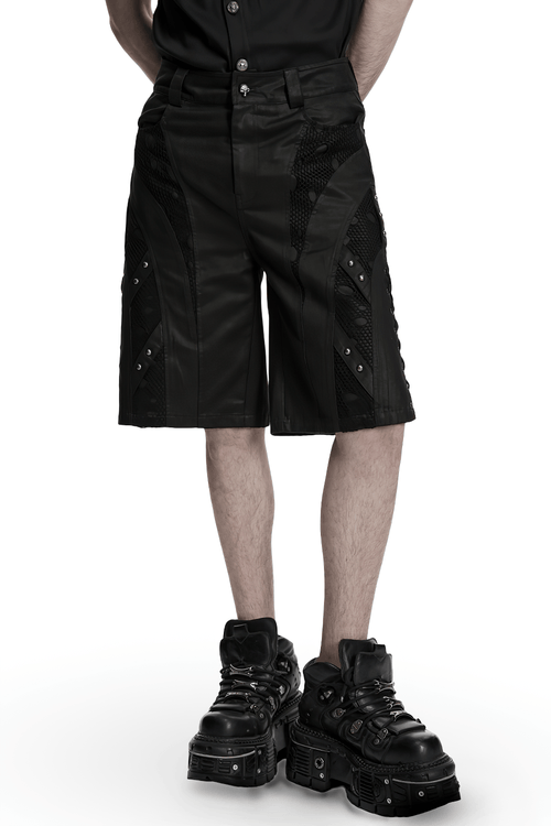 Men's Black Punk Mesh Panel Shorts with Studs