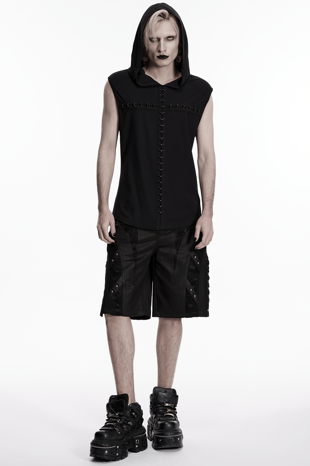 Men's Black Punk Mesh Panel Shorts with Studs showcasing a stylish look with matte suede and stud accents.