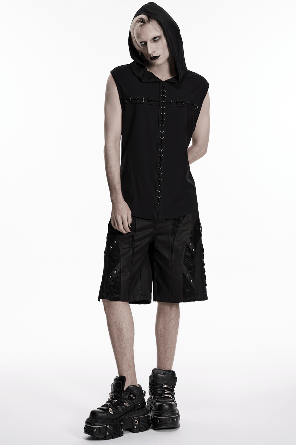 Men's Black Punk Mesh Panel Shorts with Studs worn with a black hooded top and chunky boots.