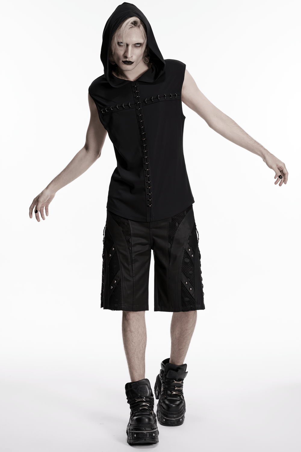 Men's Black Punk Mesh Panel Shorts with Studs worn by a model in a hooded top and chunky boots.