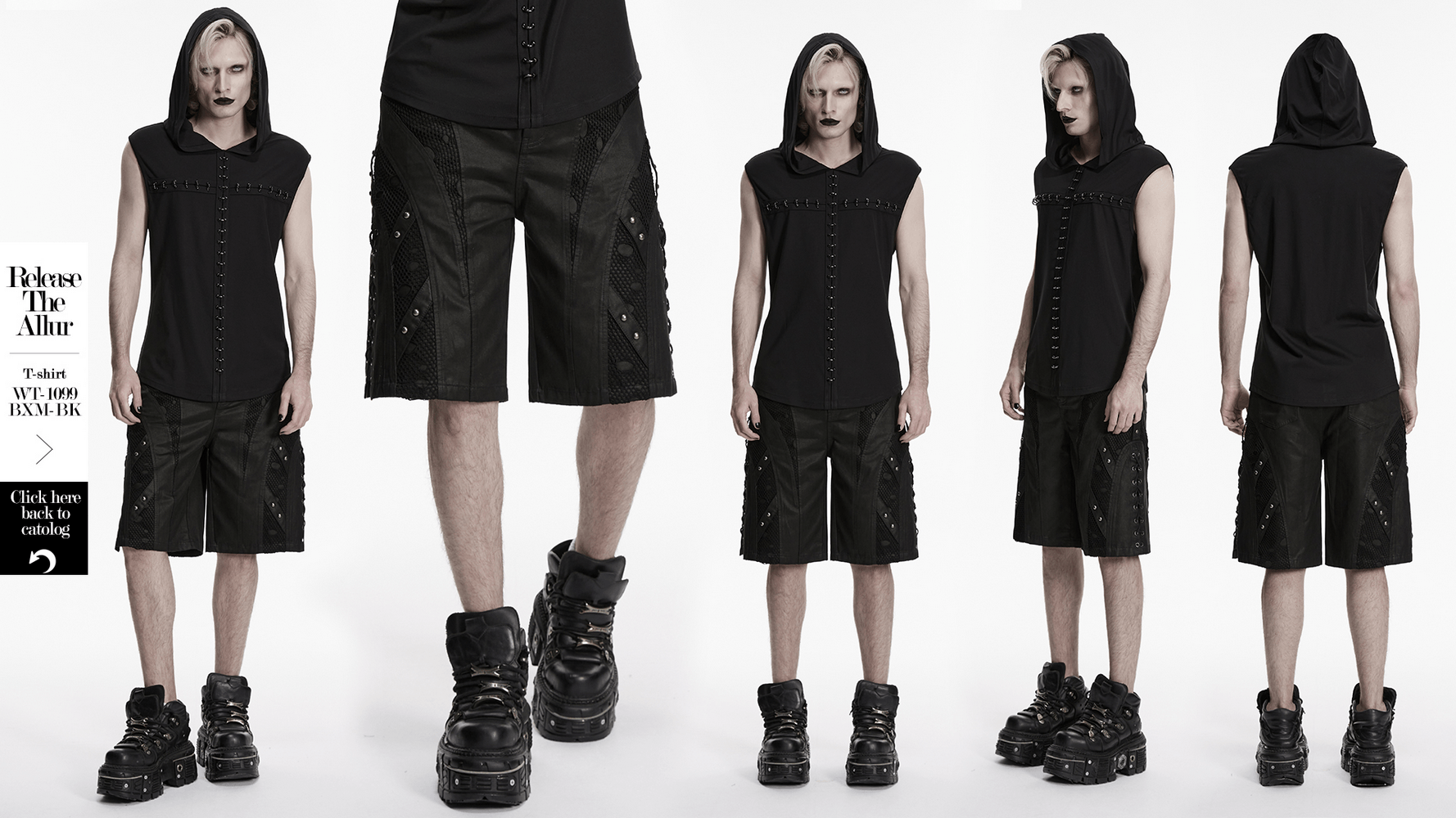 Men's Black Punk Mesh Panel Shorts with Studs featuring matte suede and stud accents, styled with black boots.