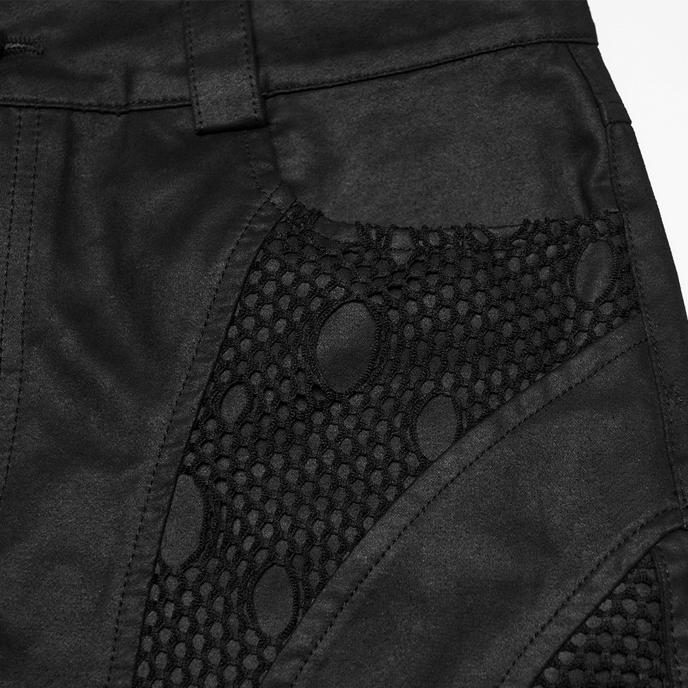 Men's Black Punk Mesh Panel Shorts with Studs close-up showing matte suede and mesh details.