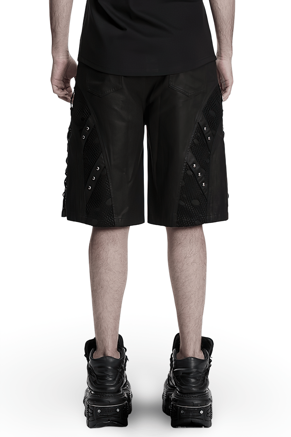 Men's Black Punk Mesh Panel Shorts with Studs showcasing matte suede and mesh design from the back.