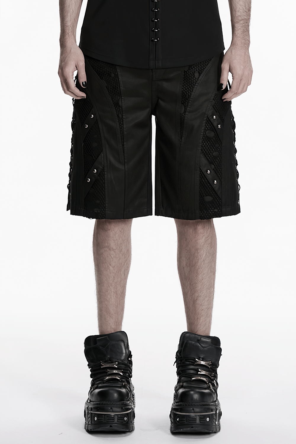 Men's Black Punk Mesh Panel Shorts with Studs featuring matte suede and mesh inserts for an edgy look.