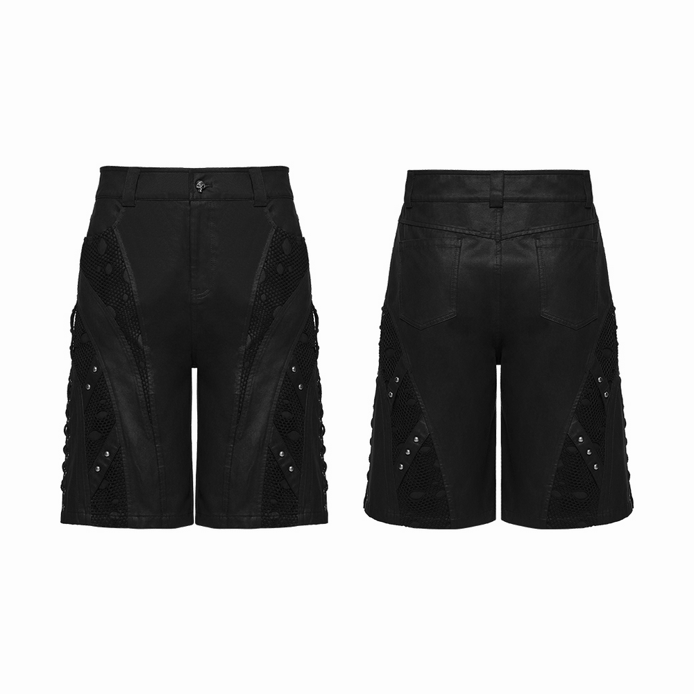 Men's Black Punk Mesh Panel Shorts with Studs featuring matte suede and perforated mesh accents.