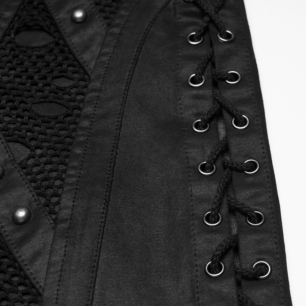 Men's Black Punk Mesh Panel Shorts with Studs close-up featuring matte suede and mesh detailing.