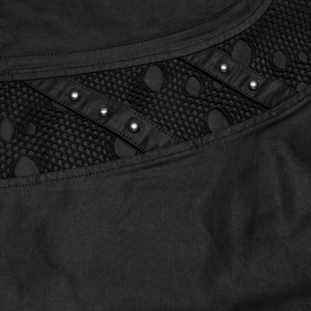 Close-up of Men's Black Punk Mesh Panel Shorts with Studs showcasing matte suede and perforated mesh details.