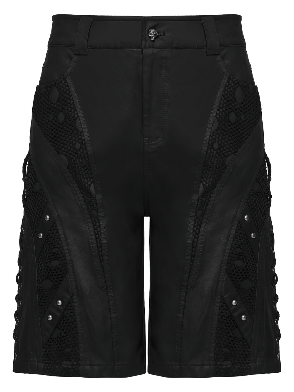 Men's Black Punk Mesh Panel Shorts with Studs featuring matte suede and mesh details.