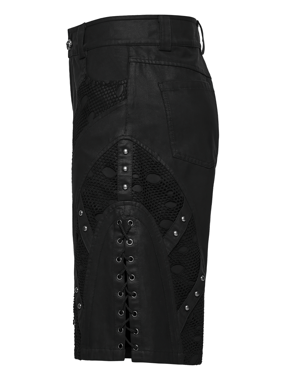 Men's Black Punk Mesh Panel Shorts with Studs showcasing sleek matte suede and industrial mesh accents.