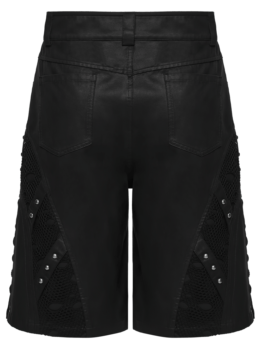 Men's Black Punk Mesh Panel Shorts with Studs featuring matte suede and mesh accents.