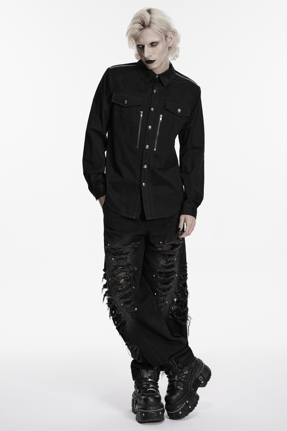 Men's Black Punk Workwear Shirt with Zip Pockets worn by a model styled in punk fashion.