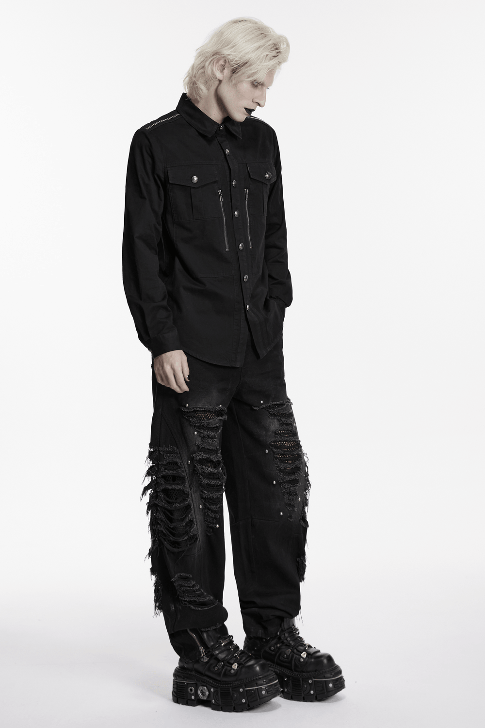 Men's Black Punk Workwear Shirt with Zip Pockets worn with distressed cargo pants and platform boots.