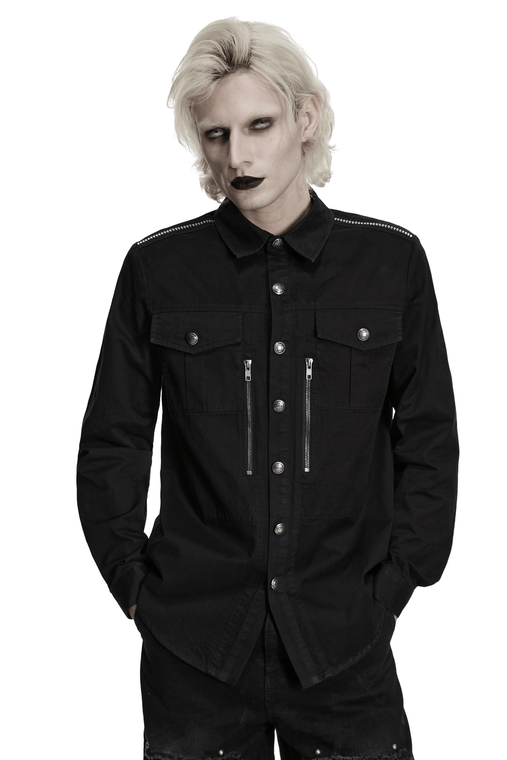Men's Black Punk Workwear Shirt with Zip Pockets worn by model with alternative style and makeup.