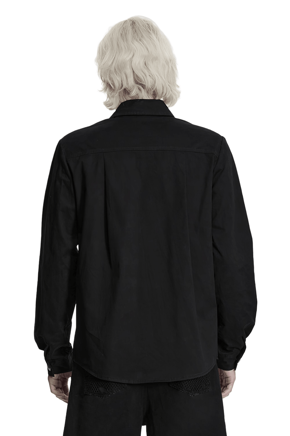 Men's Black Punk Workwear Shirt with Zip Pockets, back view showcasing sleek design and structured fit.