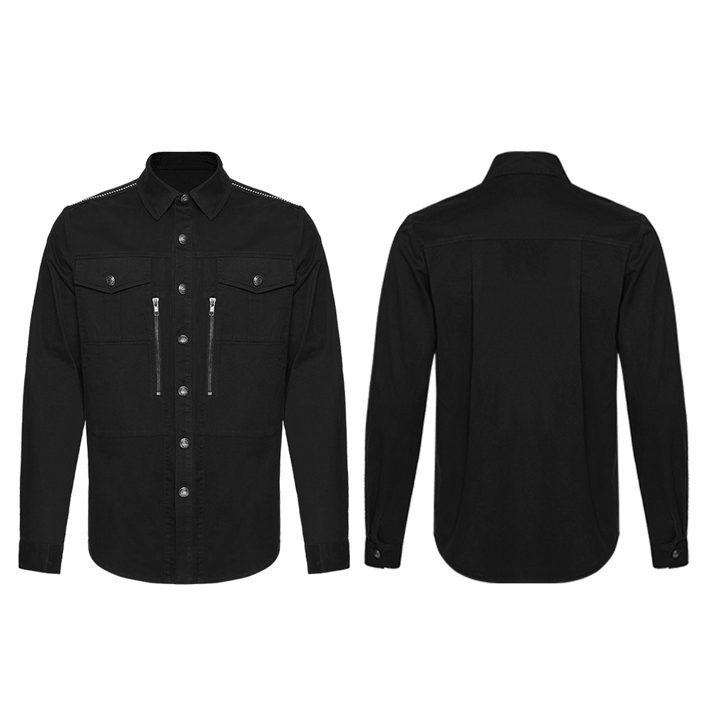 Men's Black Punk Workwear Shirt with Zip Pockets showcasing front and back views, featuring zipper pockets and a classic design.