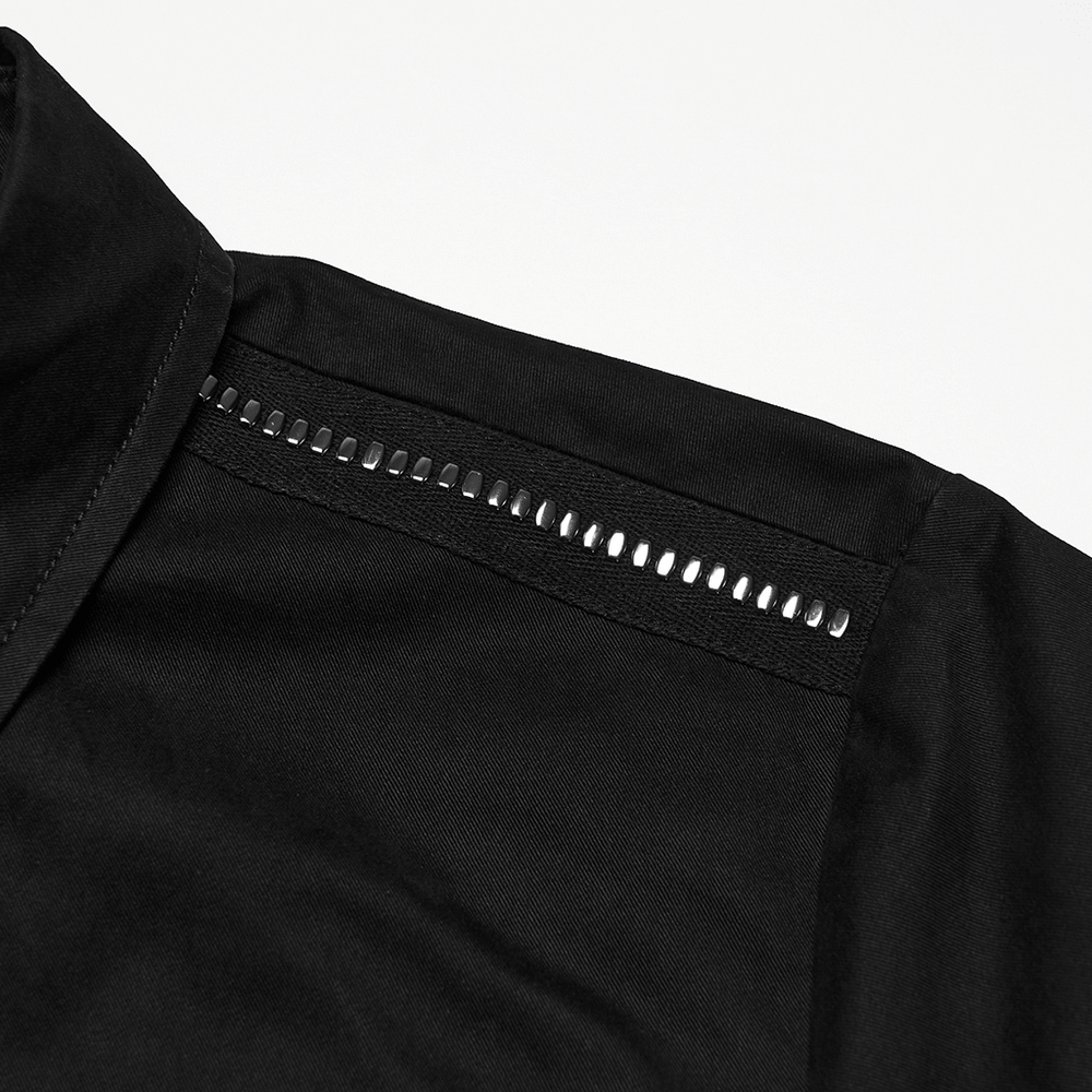 Men's Black Punk Workwear Shirt with Zip Pockets close-up of collar and zipper detail