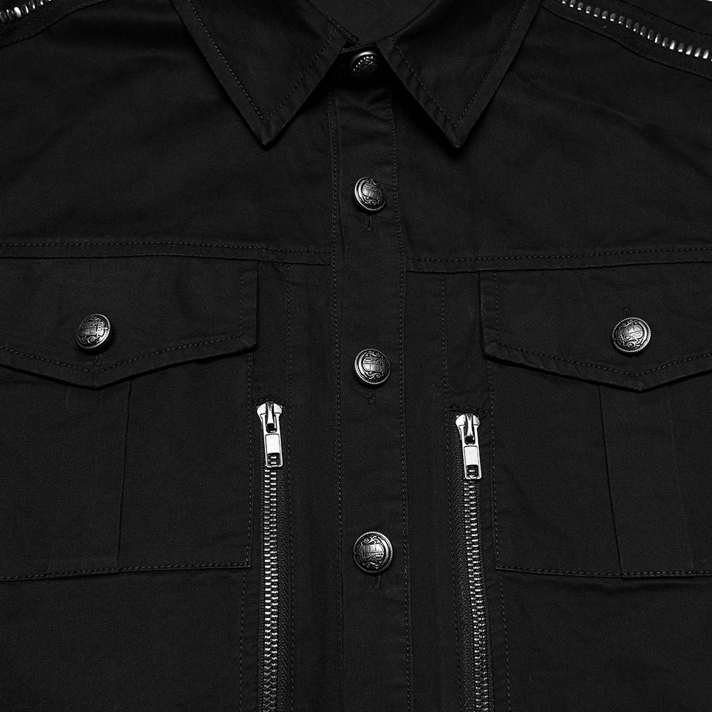 Men's Black Punk Workwear Shirt with Zip Pockets featuring zippered chest pockets and button front.