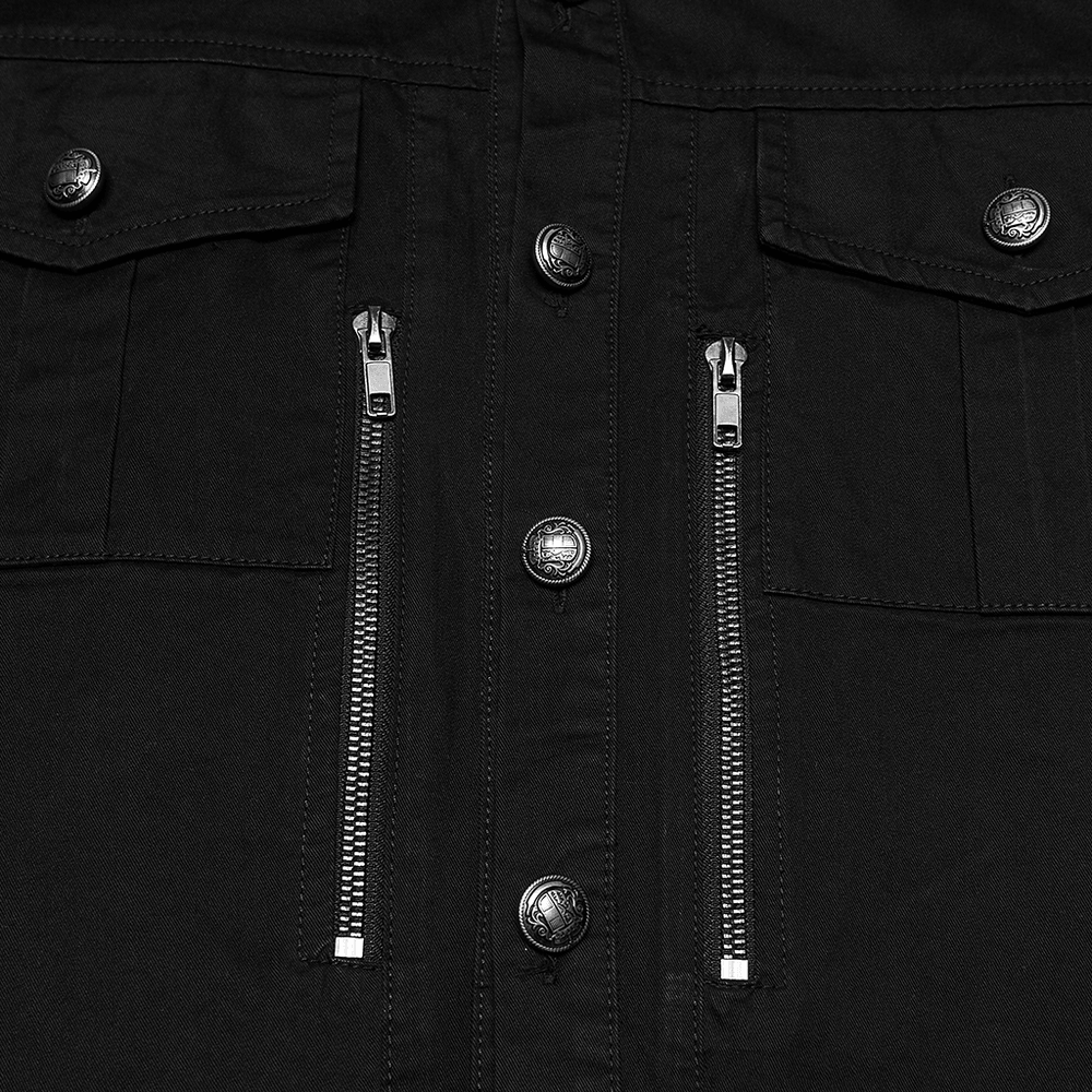Men's Black Punk Workwear Shirt with Zip Pockets close-up showing zipper details and metal buttons.