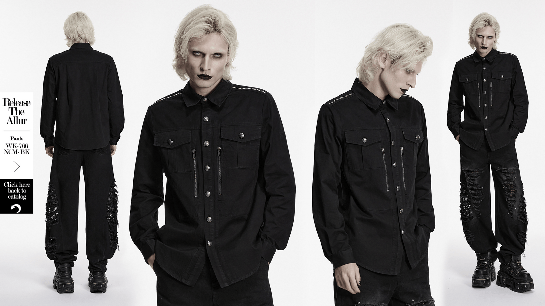 Men's Black Punk Workwear Shirt with Zip Pockets worn with stylish black pants in a modern urban setting.