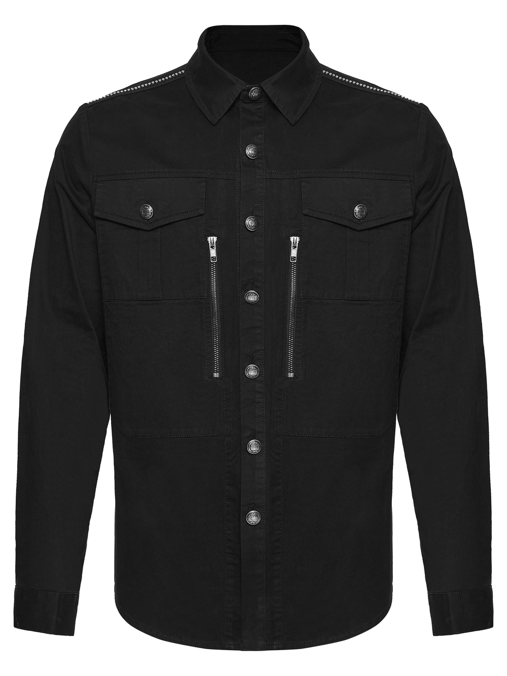 Men's Black Punk Workwear Shirt with Zip Pockets featuring chest patch pockets and zipper details.