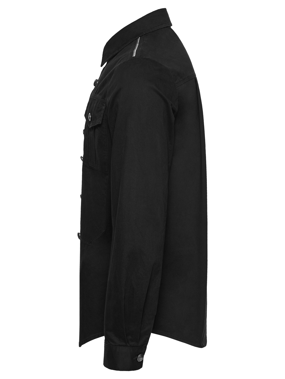 Men's Black Punk Workwear Shirt with Zip Pockets side view showing pockets and collar style.