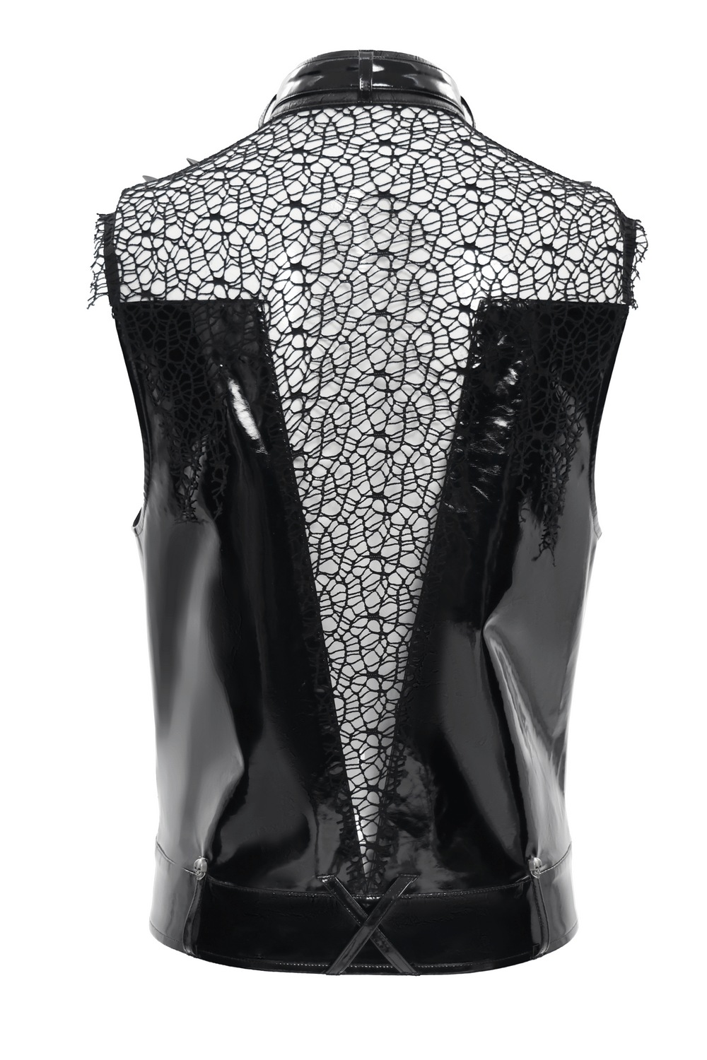 Men's Black PVC Punk Mesh Vest with Spikes and Chains showcasing glossy faux leather and open mesh design.