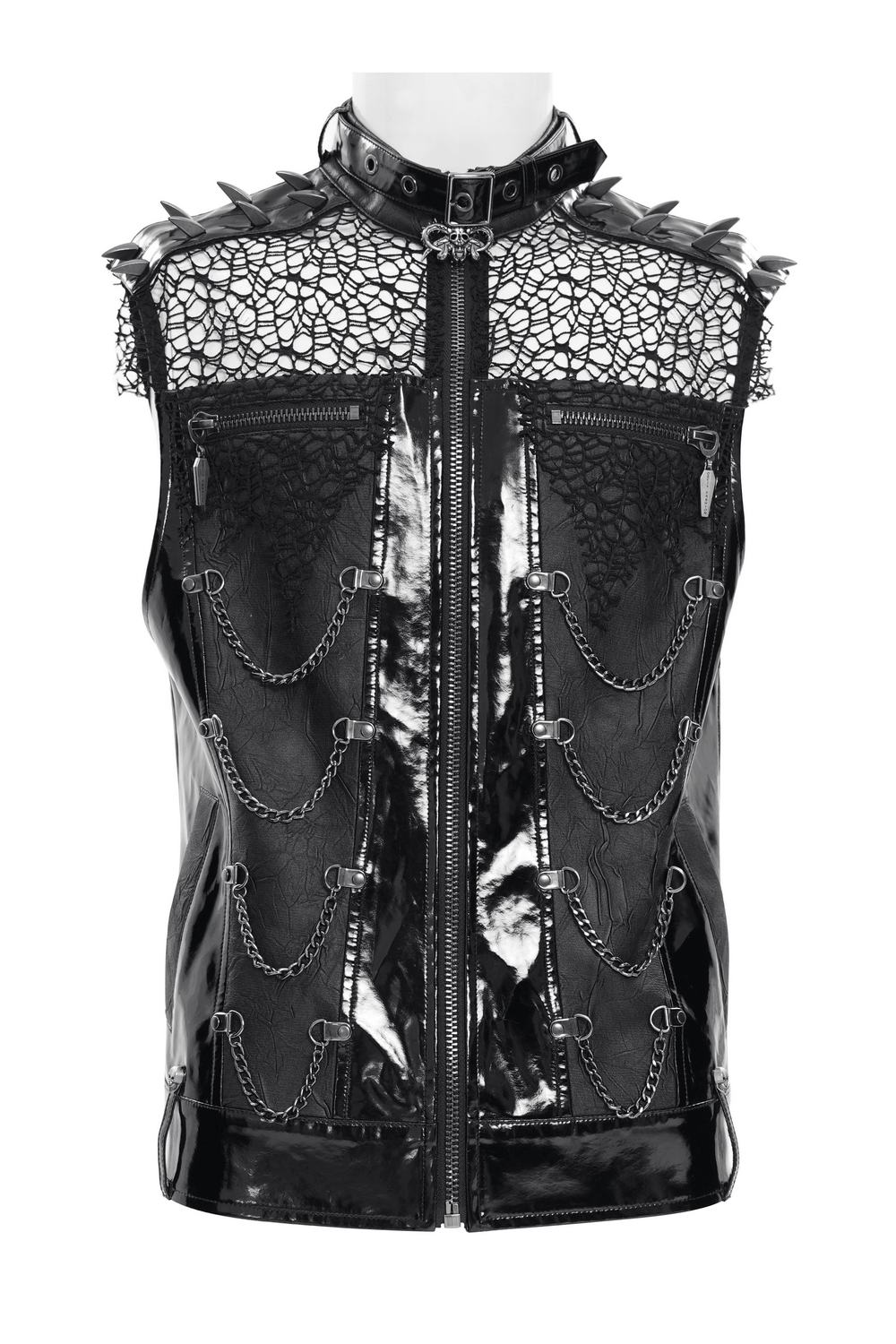 Men's Black PVC Punk Mesh Vest with Spikes and Chains showcasing glossy faux leather, mesh, and metal chains.