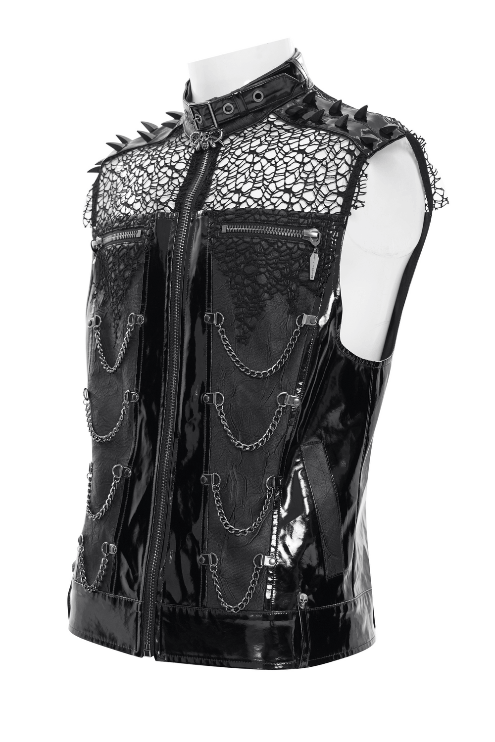Men's Black PVC Punk Mesh Vest with Spikes and Chains showcasing glossy faux leather and spiked shoulders.