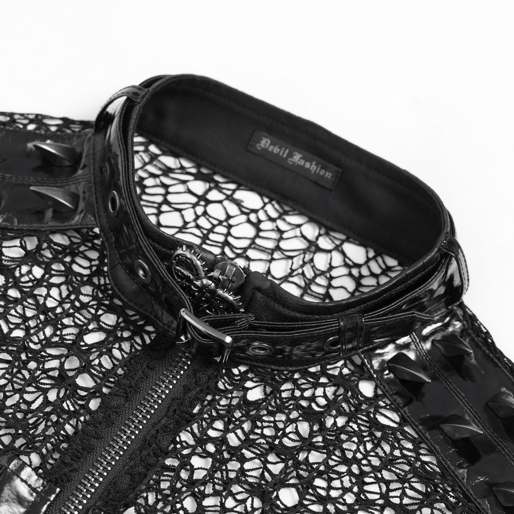 Men's Black PVC Punk Mesh Vest with Spikes and Chains close-up showing gothic details and high collar.