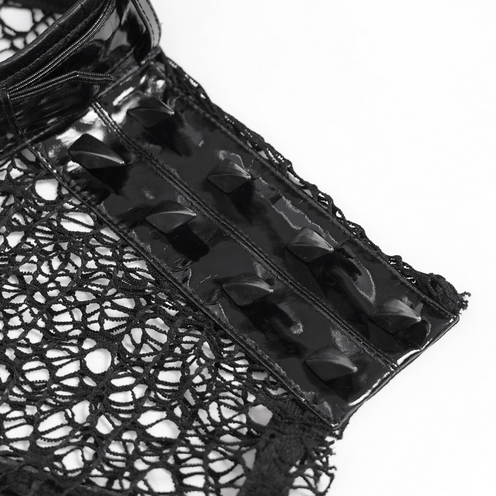 Men's Black PVC Punk Mesh Vest with Spikes and Chains showing spiked shoulder and mesh details.