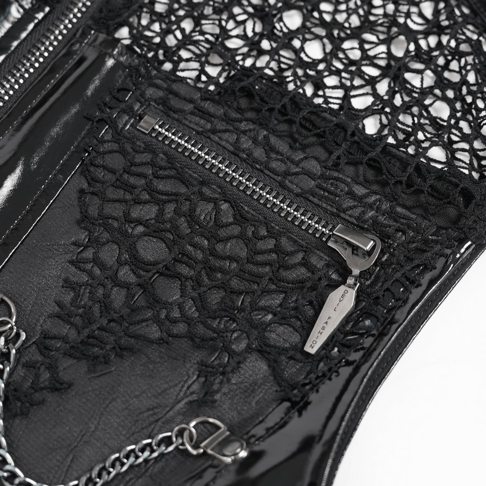 Men's Black PVC Punk Mesh Vest with Spikes and Chains detailing featuring faux leather and open mesh panels.