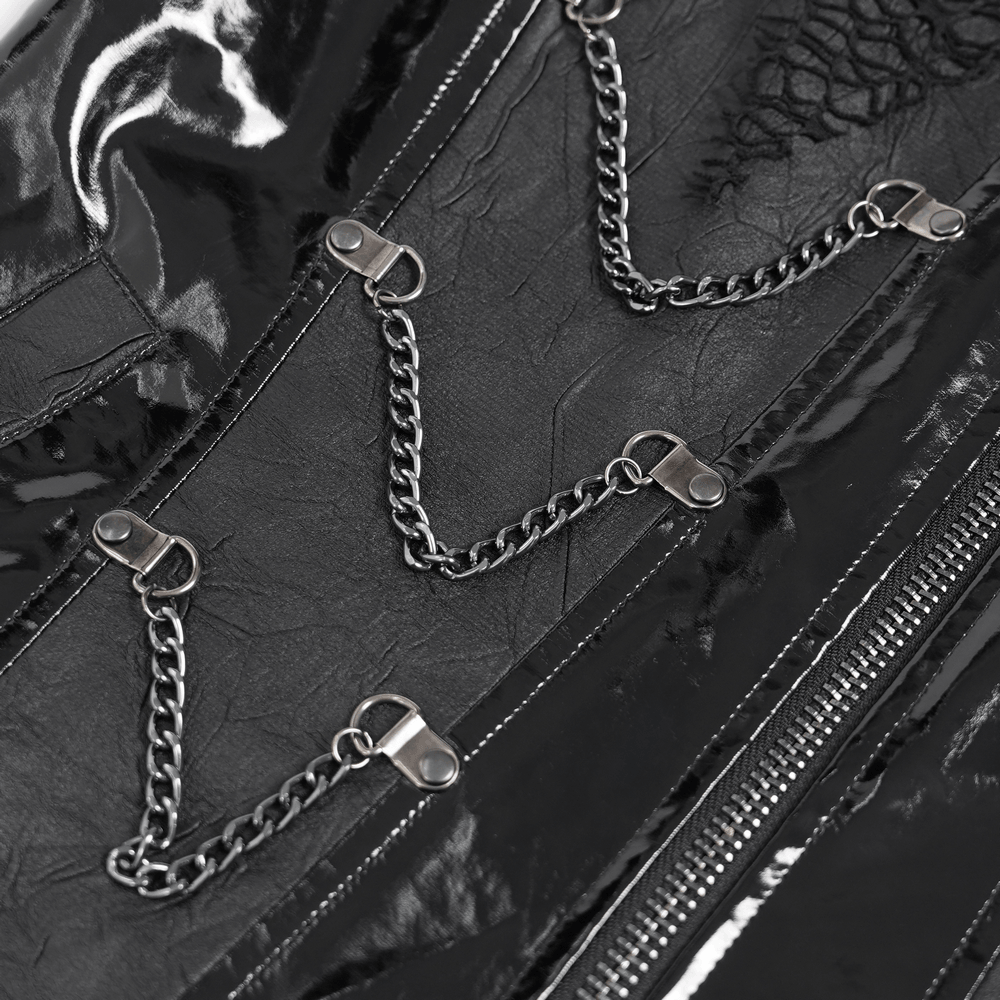 Close-up of chains on Men's Black PVC Punk Mesh Vest with Spikes and Chains showcasing their glossy and edgy design.