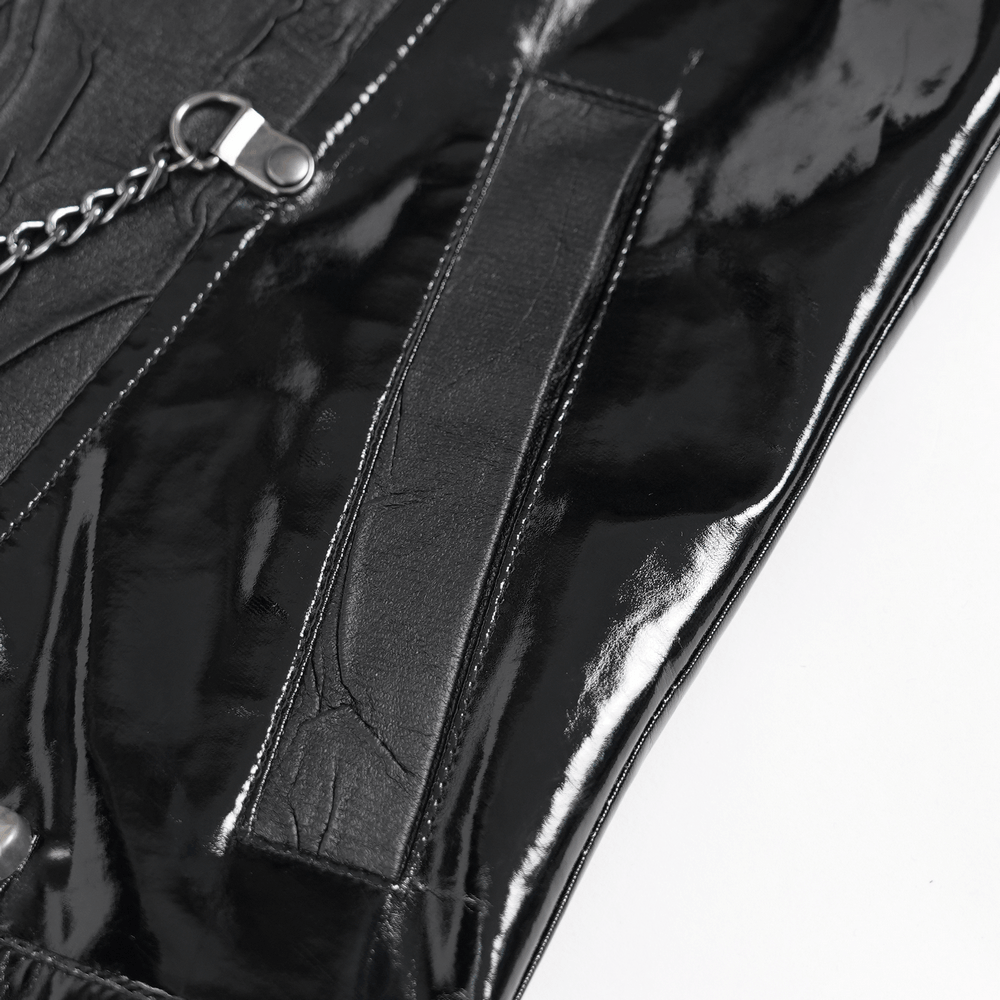 Men's Black PVC Punk Mesh Vest with Spikes and Chains close-up detail showing glossy faux leather and metal chain.