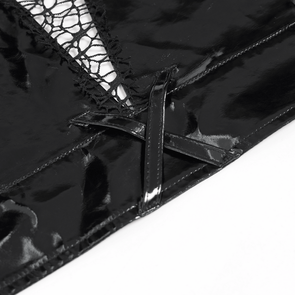 Men's Black PVC Punk Mesh Vest with Spikes and Chains close-up of glossy faux leather and mesh detailing
