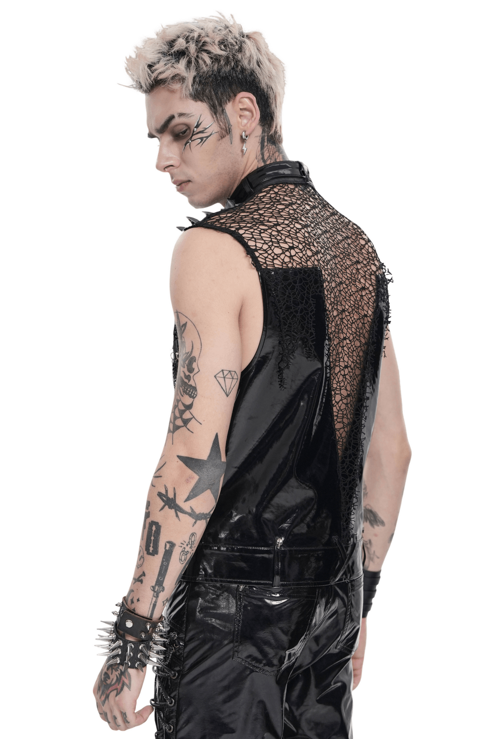 Men's Black PVC Punk Mesh Vest with Spikes and Chains worn by a model showcasing its gothic style.