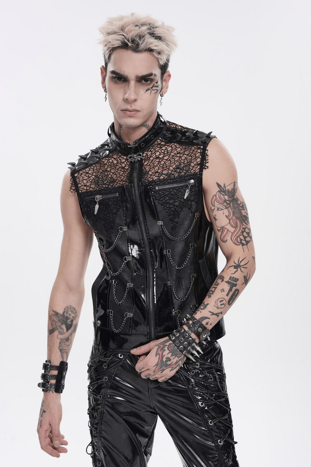 Men's Black PVC Punk Mesh Vest with Spikes and Chains worn by a model showcasing its edgy design and gothic style.