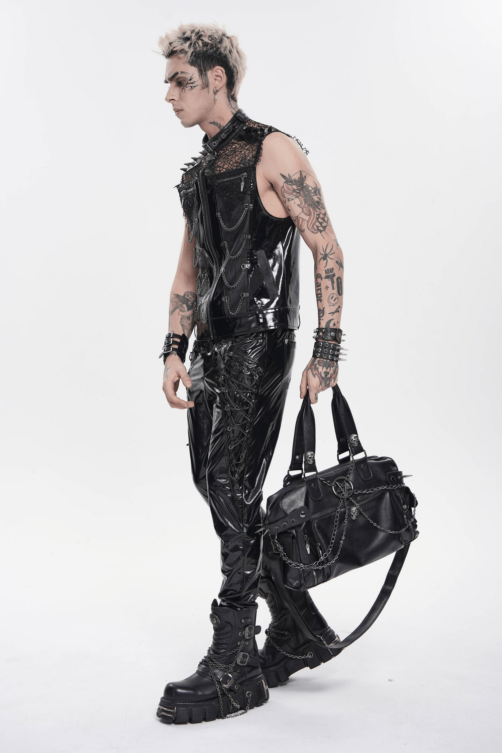 Men's Black PVC Punk Mesh Vest with Spikes and Chains modeled with glossy faux leather and accessories.