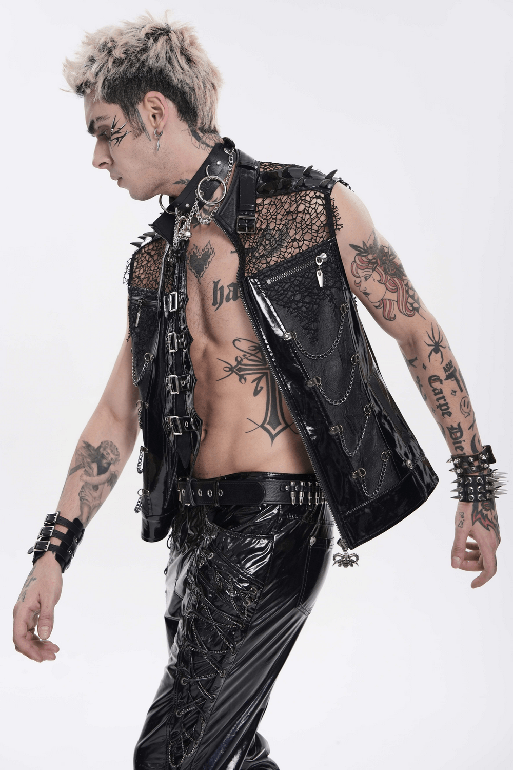 Men's Black PVC Punk Mesh Vest with Spikes and Chains worn by a tattooed model.