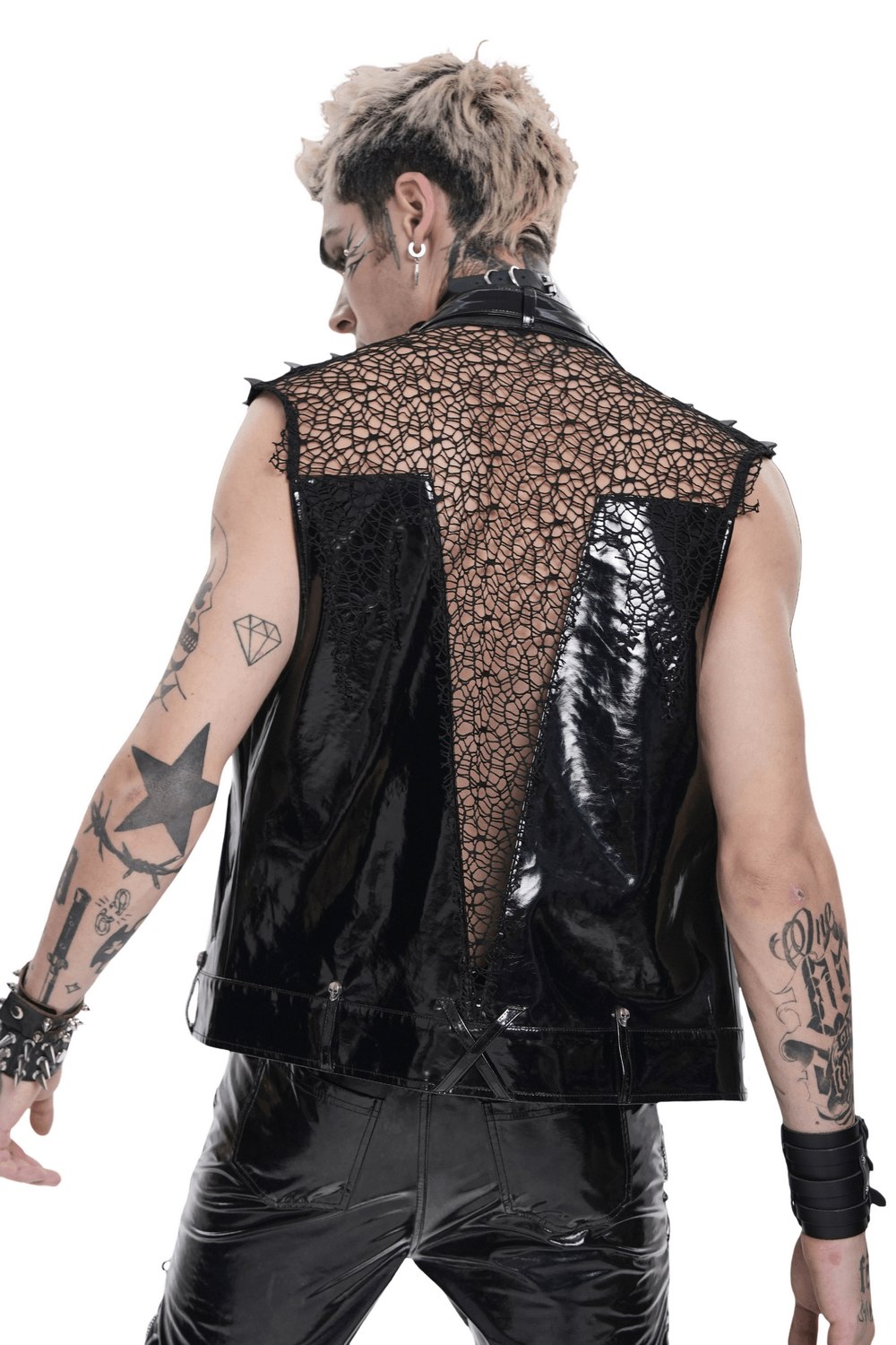 Men's Black PVC Punk Mesh Vest with Spikes and Chains showcasing a sleeveless design and intricate open mesh back.