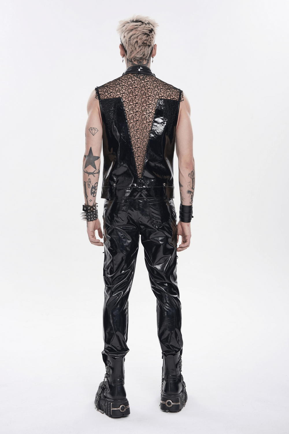 Men's Black PVC Punk Mesh Vest with Spikes and Chains, showcasing sleek design and edgy style from the back.
