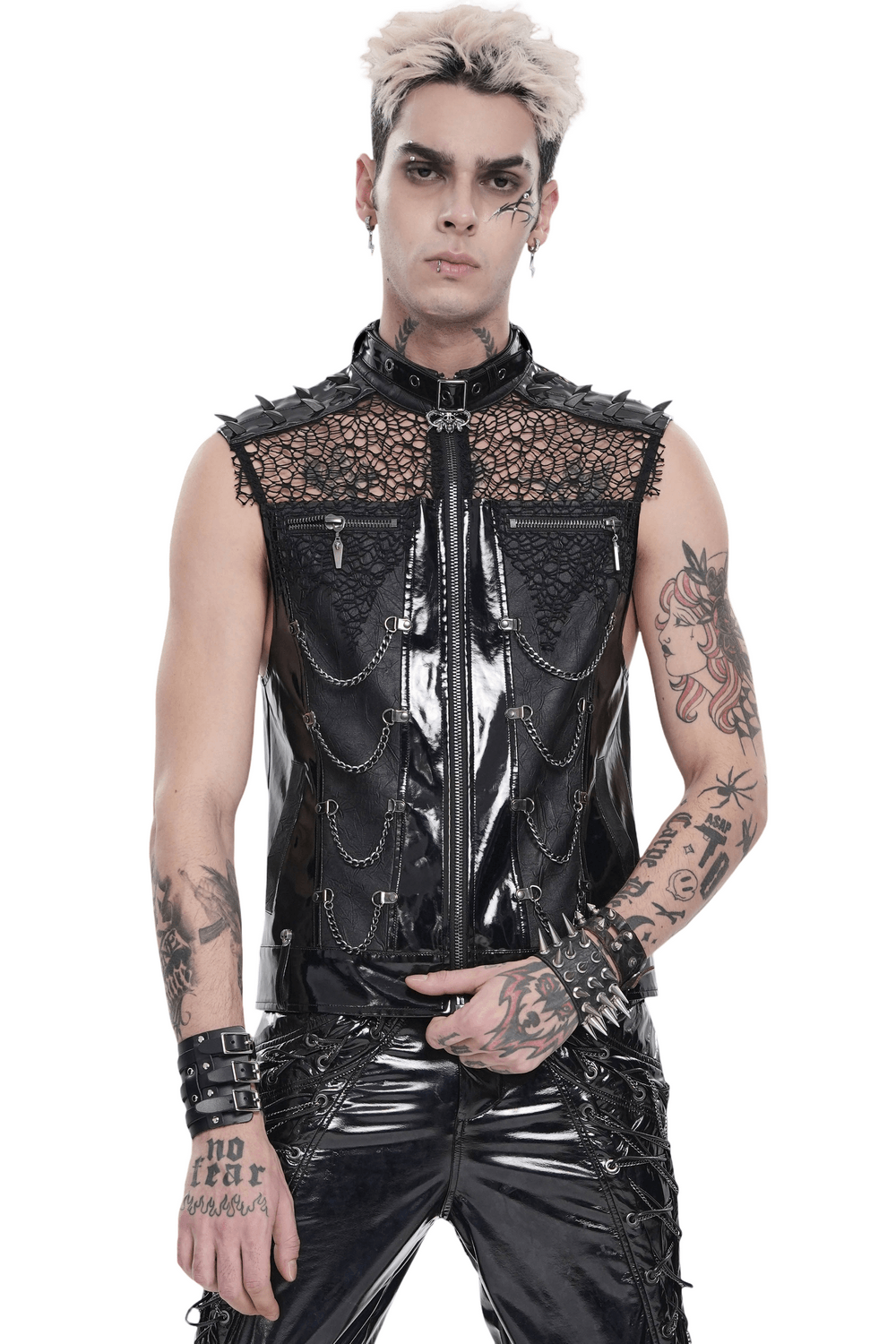 Men's Black PVC Punk Mesh Vest with Spikes and Chains worn by model showcasing gothic streetwear style.