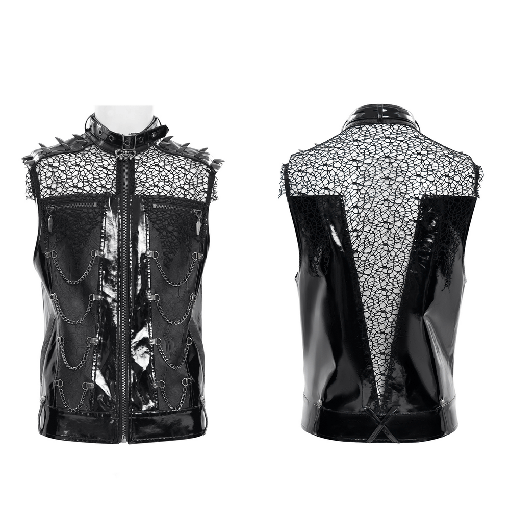 Men's Black PVC Punk Mesh Vest with Spikes and Chains featuring glossy faux leather and mesh panels.