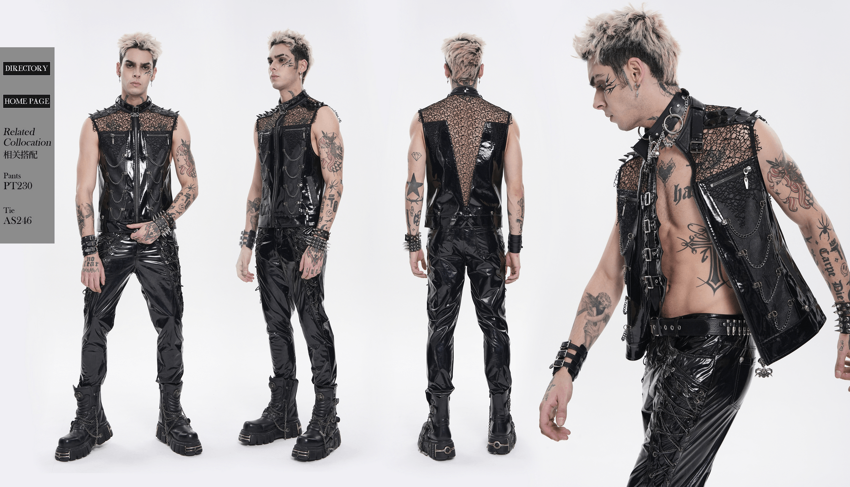Men's Black PVC Punk Mesh Vest with Spikes and Chains showcased on a model in multiple angles against a plain background.