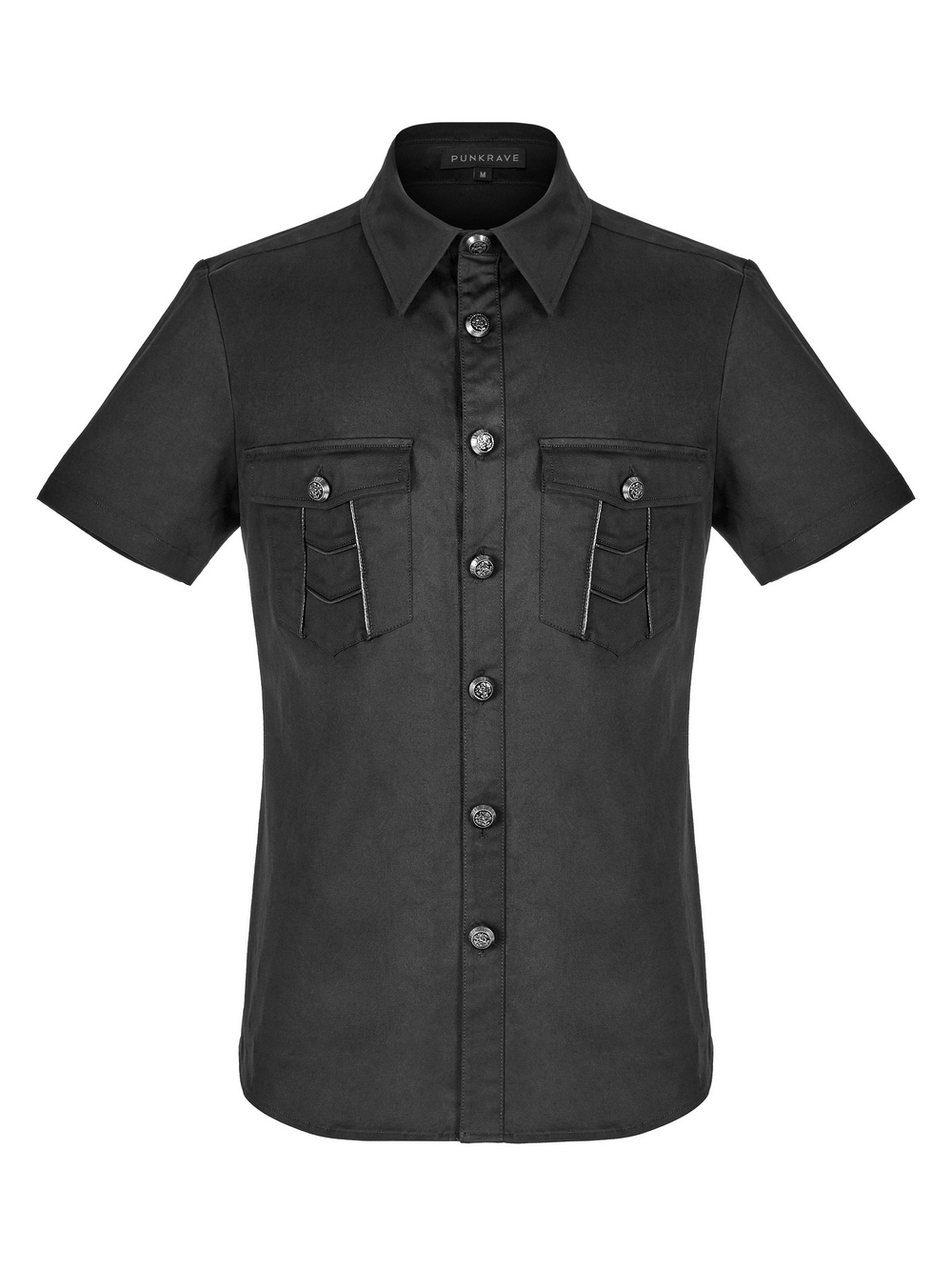 Men's black short sleeved punk shirt with metal buttons and pockets, featuring a unique patchwork design.