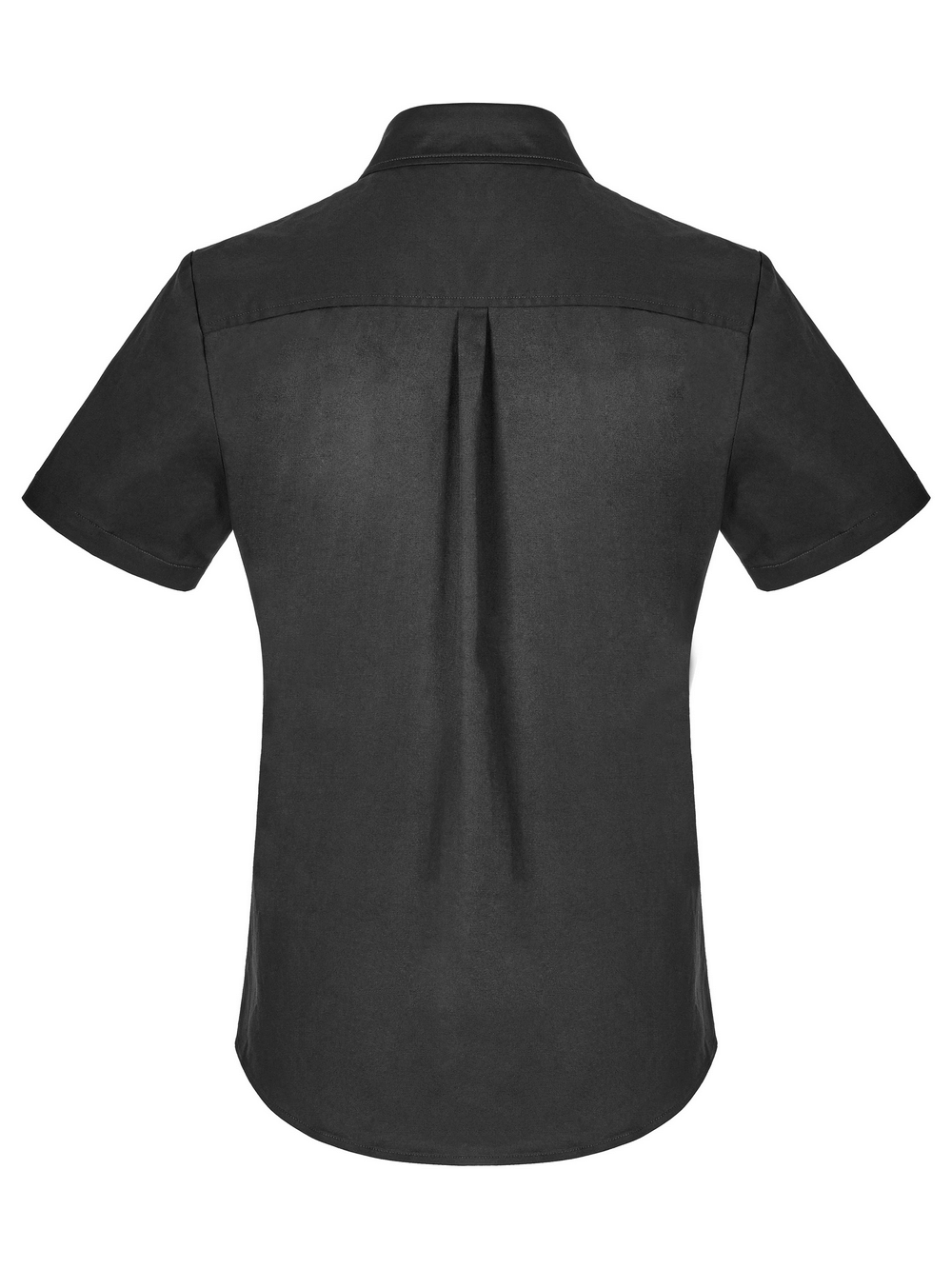 Back view of men's black short sleeved punk shirt showcasing neat stitching and a classic collar design.