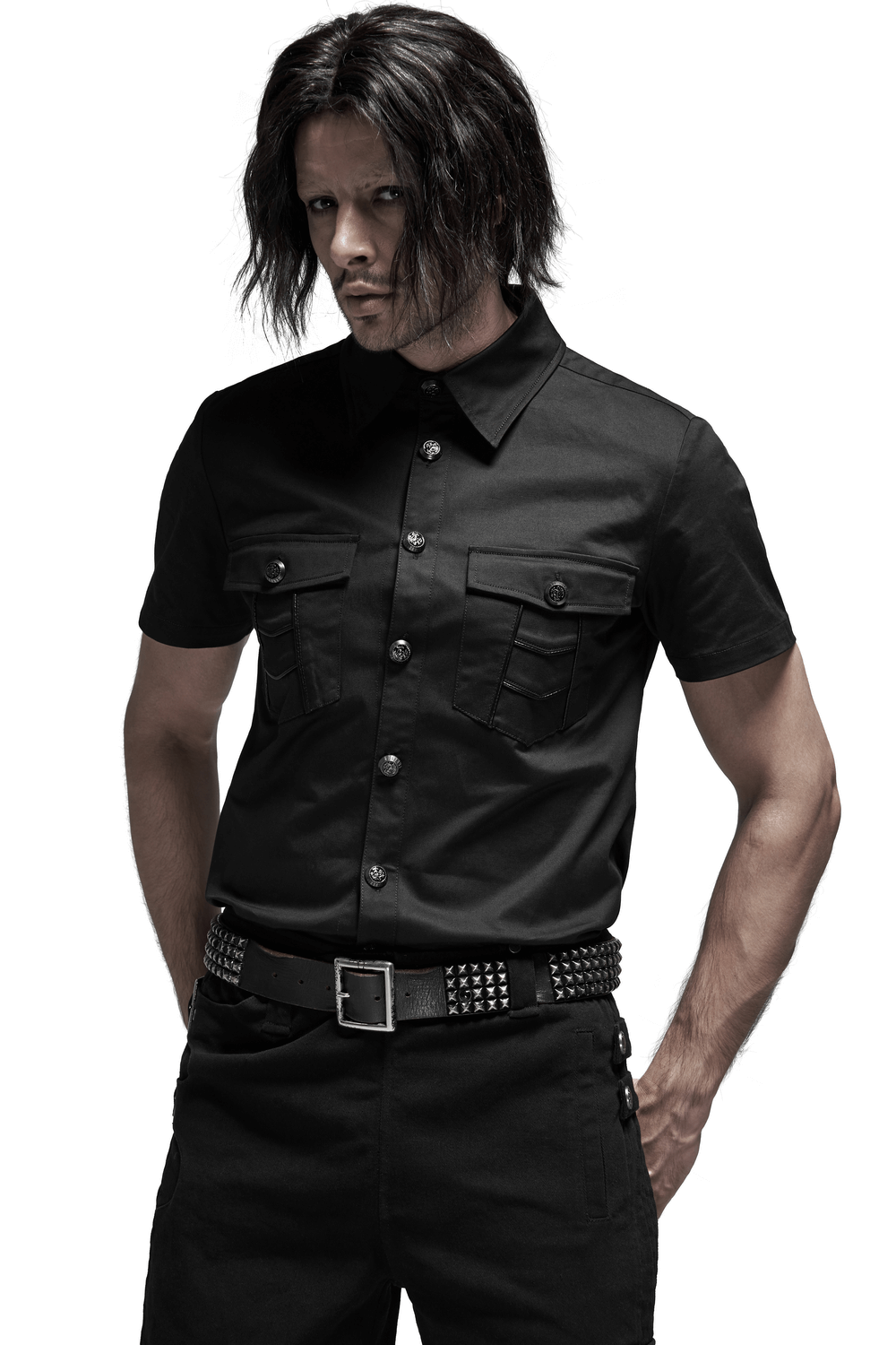 Men's black short-sleeved punk shirt with metal buttons and pockets, perfect for an edgy gothic style.