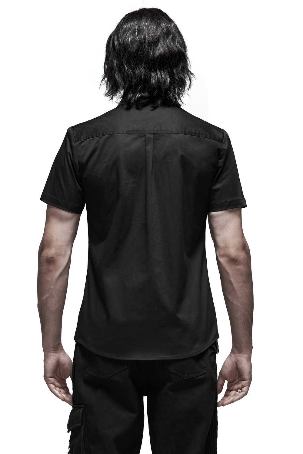 Men's black short sleeve punk shirt with metal buttons, showcasing a stylish back design and micro elastic fabric.