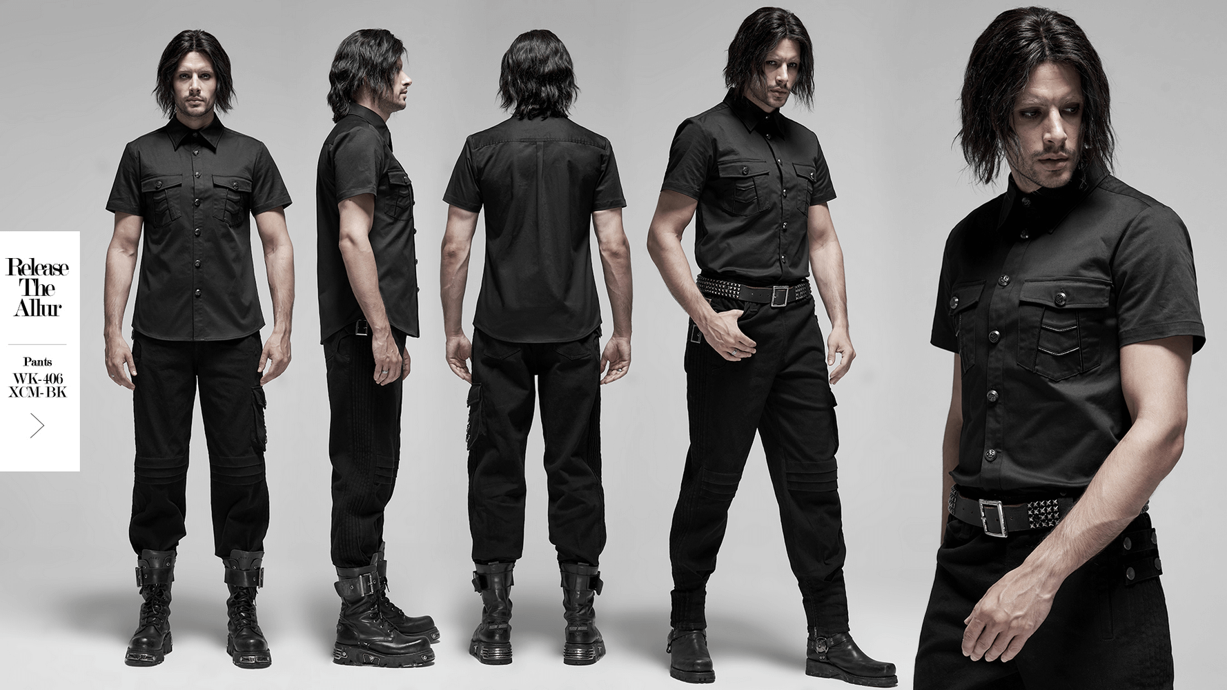 Men's black short sleeved punk shirt with metal buttons, showcasing a unique patchwork design and pockets. Perfect for an edgy wardrobe.